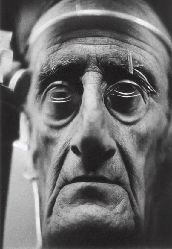 Prompt: a close - up cybernetic photo of marcel duchamp with pensive eyes, 1 9 2 0 s monochrome snapshot, graflex 4 x 5, f 1. 8, 3 5 mm, ilford delta 3 2 0 0 pro, cyborg
