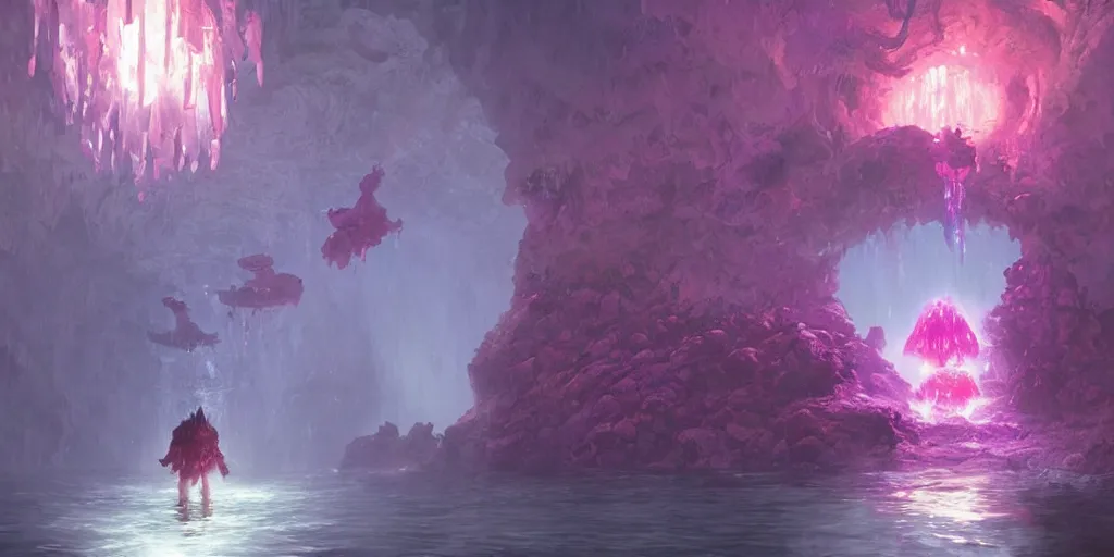 Image similar to giant crystal golem, d & d 5 e creature, bright pink purple lights, underwater, watery caverns, art by greg rutkowski