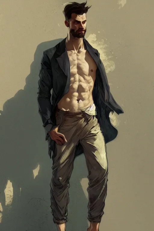 Prompt: full body portrait of a single beautiful young fit man, modern haircut, open shirt, large pants, bare feet, by greg rutkowski and alphonse mucha, d & d character, modern interior room background, highly detailed portrait, digital painting, artstation, concept art, smooth, sharp focus ilustration, artstation hq