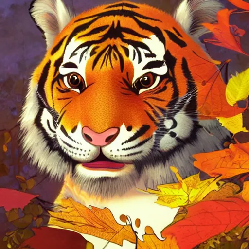 Image similar to a highly detailed portrait of cartoon tiger, leaf fan, small fires and sun, autumn leaves on the ground, concise lines, ultradetailed environment, sharp focus, cinematic lighting, character art, 8 k, by alphonse maria mucha and kim jung gi