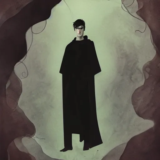 Image similar to well - shaven tom sturridge, black outfit, cape, in the style of tom bagshaw, sandman, misty endless dream cinematic background, netflix sandman