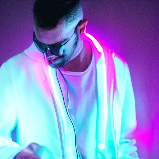 Image similar to goat dj in a white jacket, retrowave, neon light,