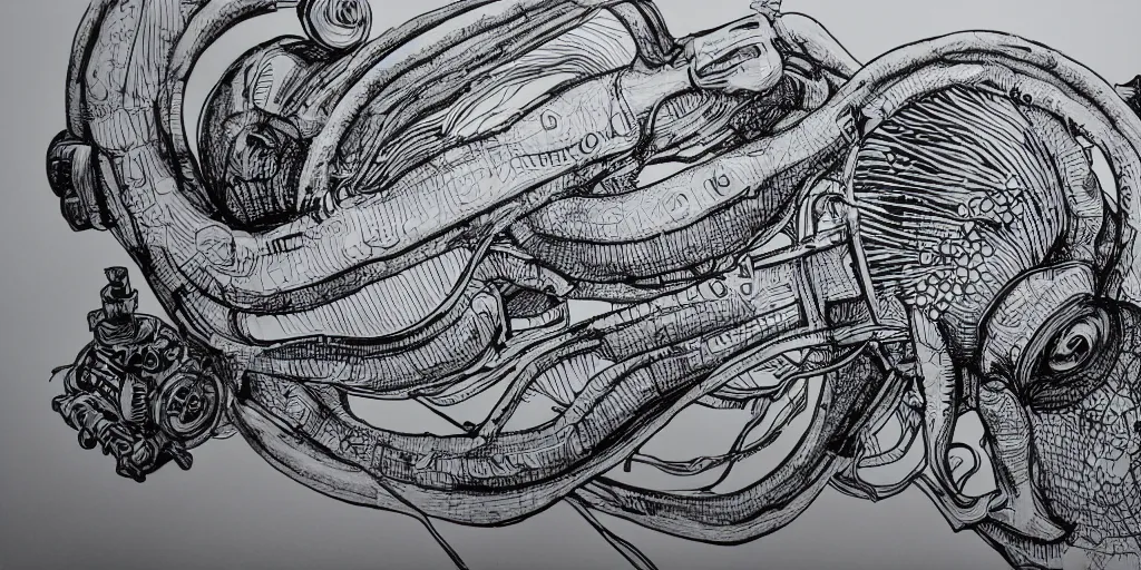 Image similar to ultra precise fineliner drawing of a machine which embeds a man inside a squid, minimal injury, maximal squidification. black marker pen on white gloss paper. gallery quality, winner of nobel prize for insanity