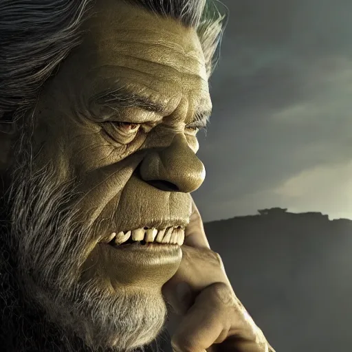 Prompt: the hulk starring as gandalf in lord of the rings, high detail shot, smoking, render, cgsociety, photorealism