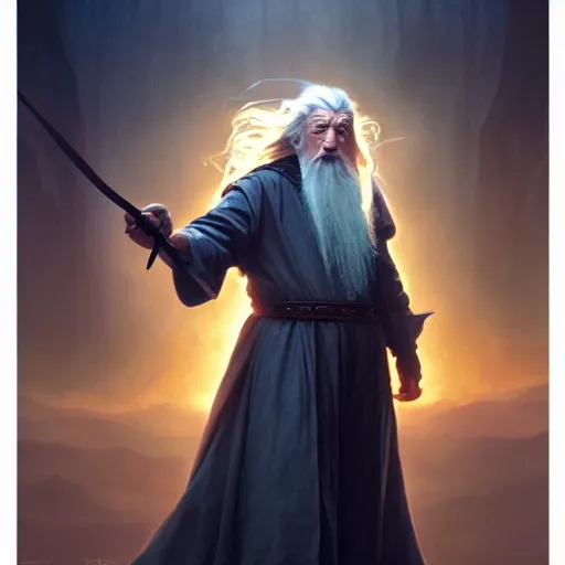 Image similar to a portrait of gandalf cinematic lighting, photorealistic, octane render, 8 k, depth of field, 3 d, art by artgerm and greg rutkowski and alphonse mucha and uang guangjian and gil elvgren and sachin ten