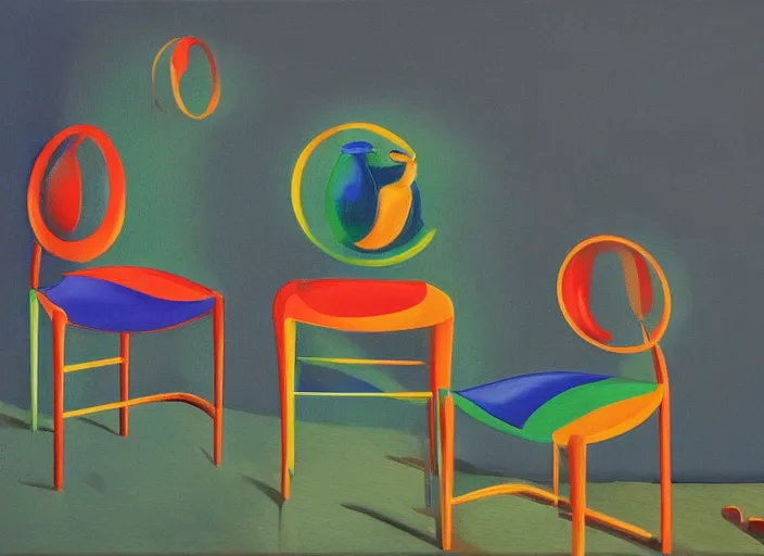 Prompt: a not finished painting by max ernst showing two chairs having a debate about apples or oranges., elegant, rainbow bubbles, highly detailed, digital painting, artstation, concept art, smooth, sharp focus, illustration