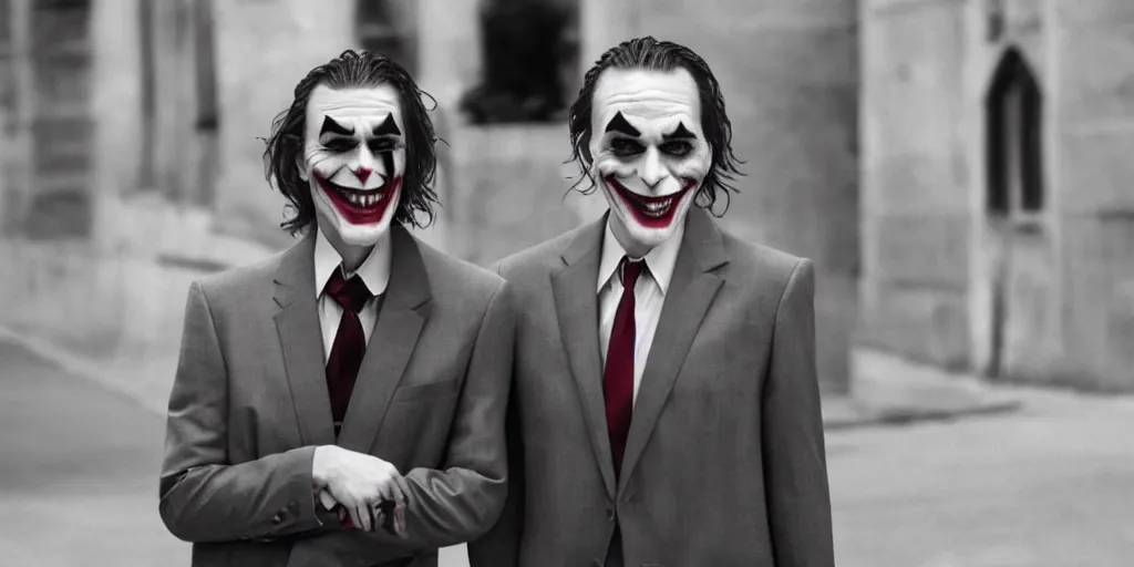 Image similar to joker wearing a suit style, photograph, grinning, creepy,