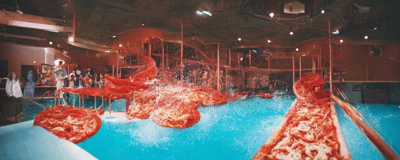 Prompt: a pool filled with spaghetti, marinara sauce coming down a slide, party, canon 5 0 mm, cinematic lighting, photography, retro, film, kodachrome