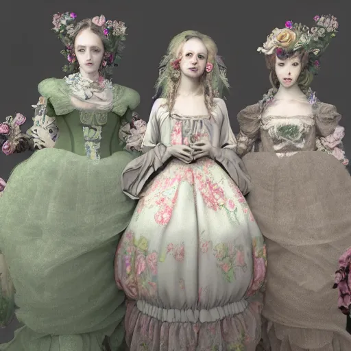 Prompt: 8k, octane render, realism, tonalism, rococo, renaissance, baroque, group of creepy young ladies wearing long harajuku manga dress with flowers and skulls, background chaotic flowers