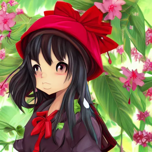 Prompt: a painttoolsai of reimu in the jungle wearing bonnet