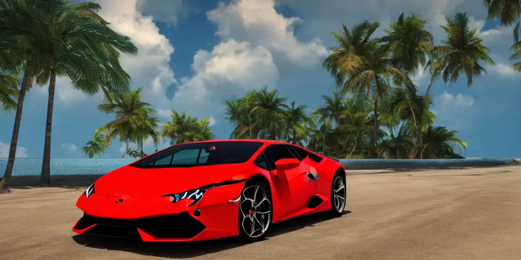 Image similar to red Lamborghini huracan!, unreal engine 5!, hyperrealistic!, cinema 4D!, dynamic lighting! Beach! Tropical paradise!, cinematic landscape!, studio landscape! Amazing ultra quality! Substance painter!