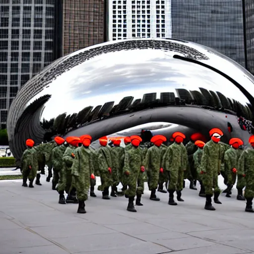 Image similar to chinese soldiers in hazmat suits with grey skies carrying machine guns, cloud gate chicago