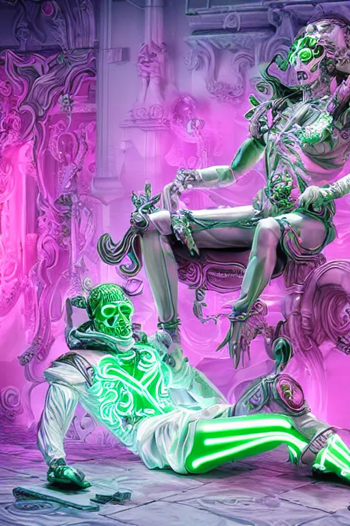 Prompt: fantasy rococo and cyberpunk style white neon statue of a muscular attractive tan male macho dotado android reclining sim roupa con piroca dura, glowing pink face, white baseball cap, green steampunk lasers, emeralds, swirling white silk fabric. futuristic elements. prismatic liquid rainbow light, full-length view. space robots. human skulls. throne made of bones, intricate artwork by caravaggio. Trending on artstation, octane render, cinematic lighting from the right, hyper realism, octane render, 8k, depth of field, 3D