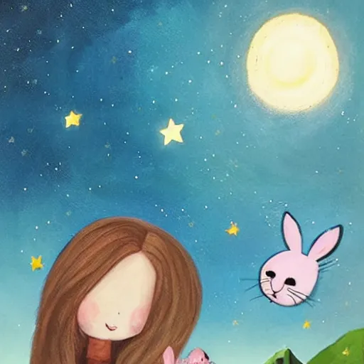 Image similar to girl and rabbit sleeping against a stars fantasy