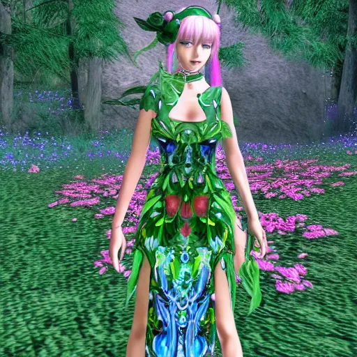 Image similar to cute female forest spirit wearing ornate floral cybernetic hungarian valentino resort dress in a 3 d psx ps 2 jrpg style, esoteric magical alien meadow ritual environment, fashion gameplay screenshot, highly detailed, atelier, xenogears