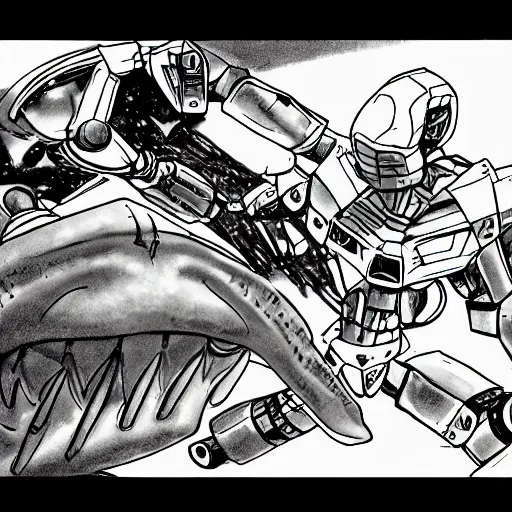 Prompt: a storyboard sketch showing a giant athletic humanoid mecha robot punching a giant humanoid hammerhead shark creature in the head