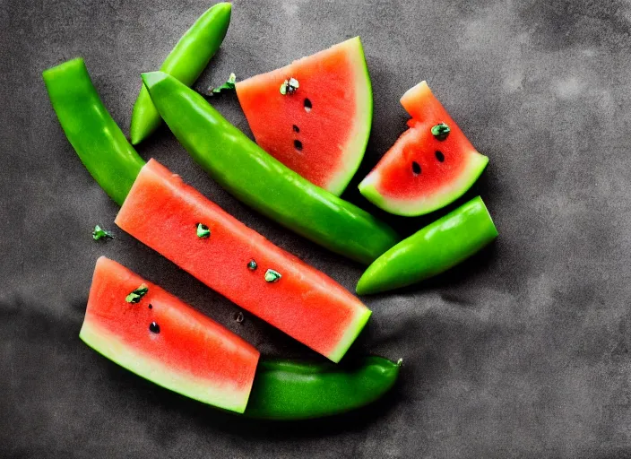 Prompt: cantaloupes, watermelon, green beans, cucumbers, sugar cubes, food photography, realistic, detailed, photorealistic