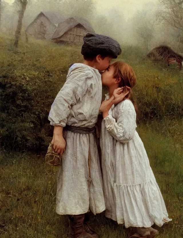 Image similar to peasant boy and girl first kiss, on a village, Cinematic focus, Polaroid photo, vintage, neutral colors, soft lights, foggy, by Steve Hanks, by Serov Valentin, by lisa yuskavage, by Andrei Tarkovsky 8k render, detailed, oil on canvas