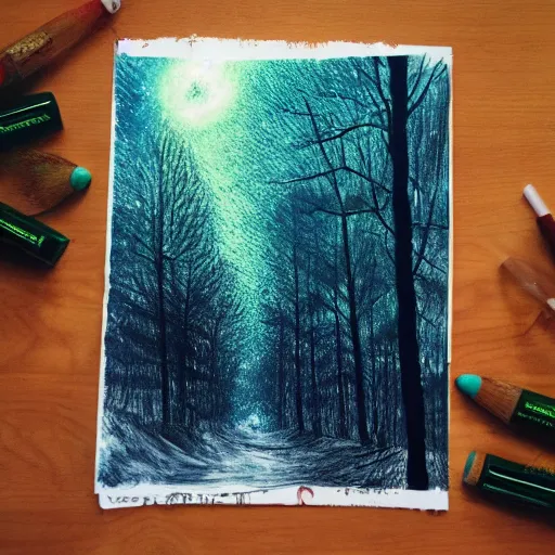 Image similar to bright nordic forest, sparkling spirits, detailed wide shot, crayon, ground detailed, wet eyes reflecting into eyes reflecting into infinity, beautiful lighting