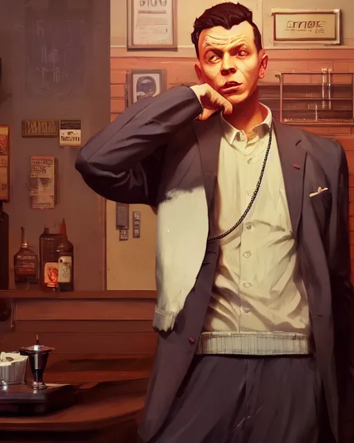 Prompt: young Frank Sinatra as a poor 1950s bartender, dirt, in GTA V, Stephen Bliss, unreal engine, fantasy art by Greg Rutkowski, Loish, Rhads, Makoto Shinkai and Lois van baarle, ilya kuvshinov, rossdraws global illumination, radiant light, detailed and intricate environment