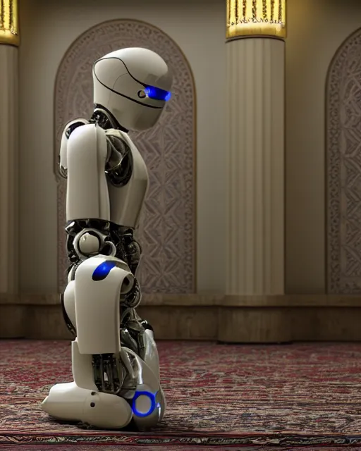 Prompt: a robot praying in the mosque, realistic and detailed, 8 k