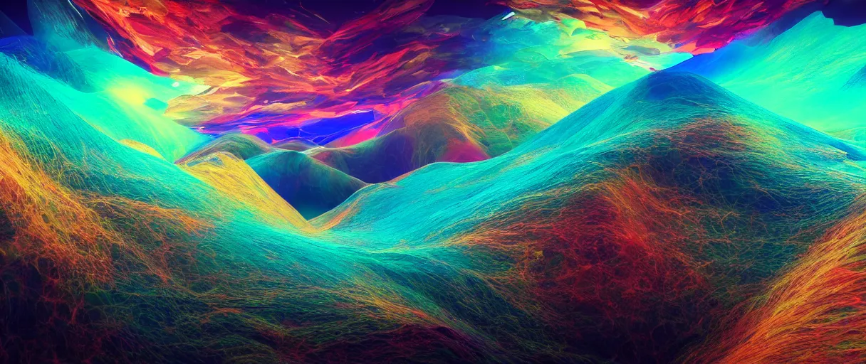 Prompt: dream landscape, houdini software simulation, glitch art, particle flow, generative art, volumetric object, physical particles, translucence, cinematic lighting, iridescence, by ash thorpe