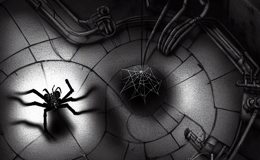 Prompt: mechanical spider in a sewer, ultra detailed digital art, fine drawing, hyper real, 4 k, moody lighting