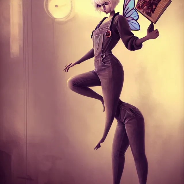 Image similar to full body pose, beautiful adult fairy, pixar, short white hair shaved sides, dirty, grungy, grunge, long sleeve, painted overalls, stacks of giant books, highly detailed, 4 k, hdr, smooth, sharp focus, high resolution, award - winning photo, artgerm, photorealistic