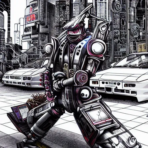 Image similar to beautiful hyper-detailed full colour manga illustration of a robot ninja warrior with a sword, driving through the city, in a modified Nissan skyline r34, cyberpunk, dystopian