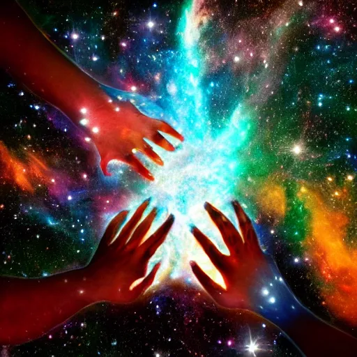 Prompt: hands of the universe crafting the milky way, cosmic art, sci fi, nebula, solar system