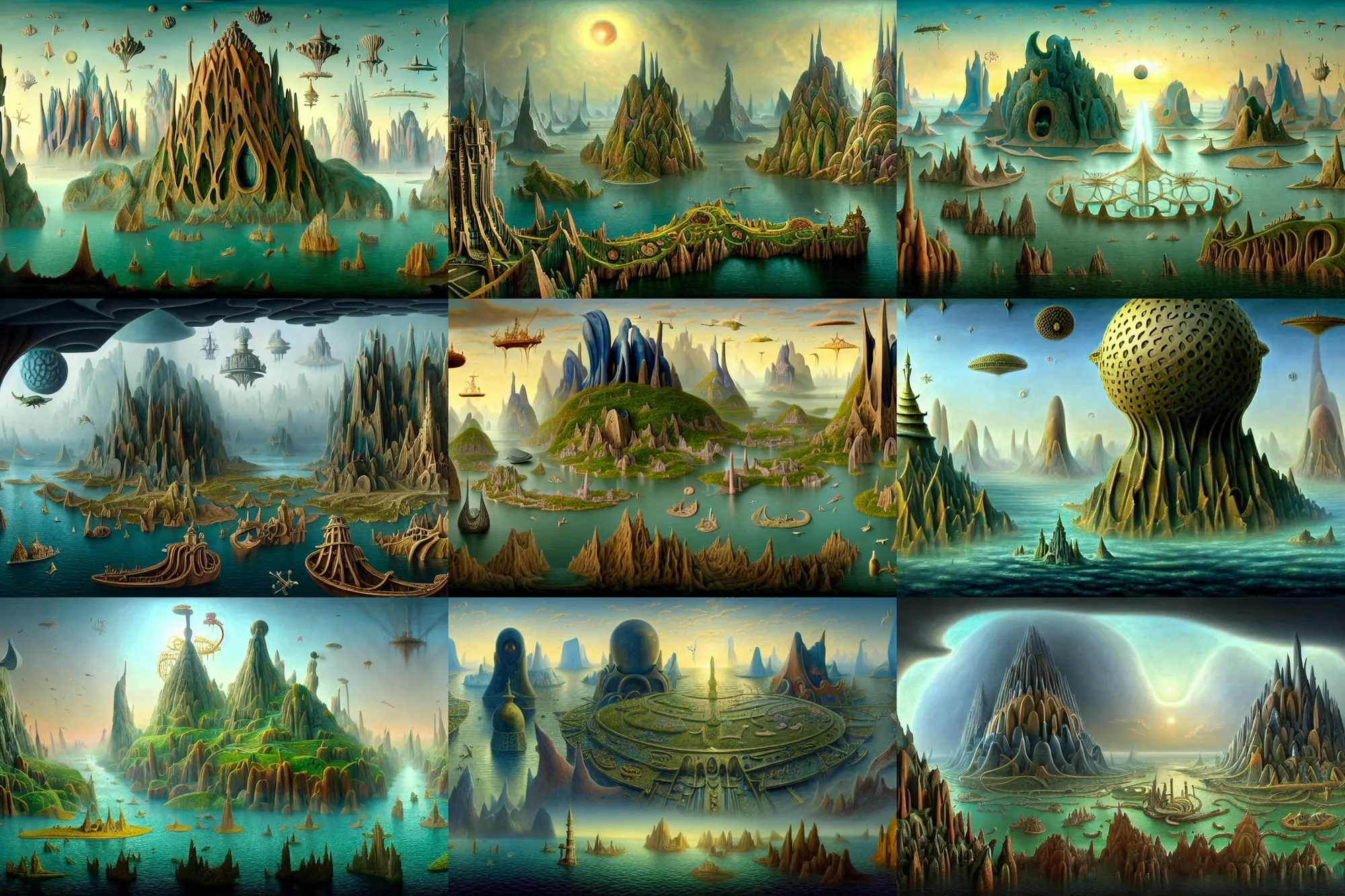 Prompt: a beautiful and insanely detailed matte painting of advanced civilizations at the end of time with surreal architecture designed by Heironymous Bosch, mega structures inspired by Heironymous Bosch's Garden of Earthly Delights, creatures of the air and sea, ships in the harbor, vast landscape and horizon by Tyler Edlin, pastel color palette, masterpiece!!, grand!, imaginative!!!, whimsical!!, epic scale, intricate, sense of awe, elite, fantasy realism, science fantasy, high concept art, complex composition, 4k post processing