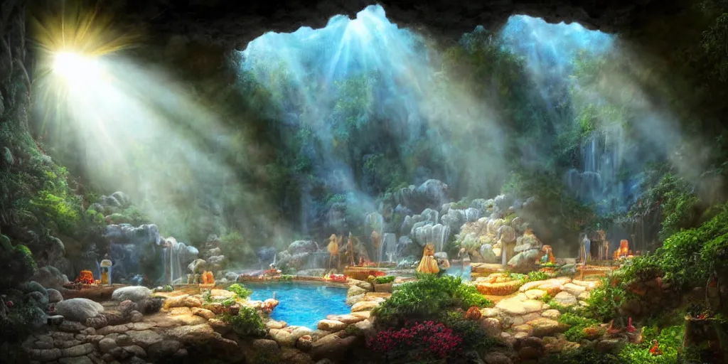 Image similar to detailed interior of cozy hotsprings hidden inside a cave, small waterfalls, lush vegetation, flowers, towels, plates of fruit, god rays, light shafts, stunning atmosphere, by gerald brom, cinematic lighting