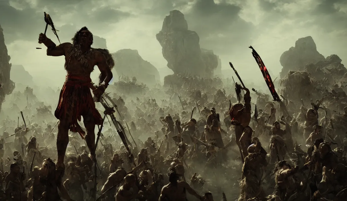 Prompt: an ancient tribesman with laser sword standing in front of barbarian horde, dramatic lighting, cinematic, establishing shot, extremely high detail, photorealistic, cinematic lighting, artstation, octane render, western,old photo, vintage