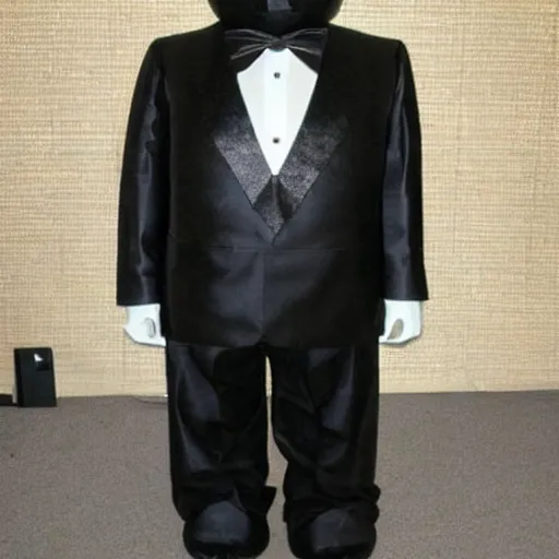 Image similar to a tuxedo for a big man with small legs, heart shaped goden mask with white lights for eyes.