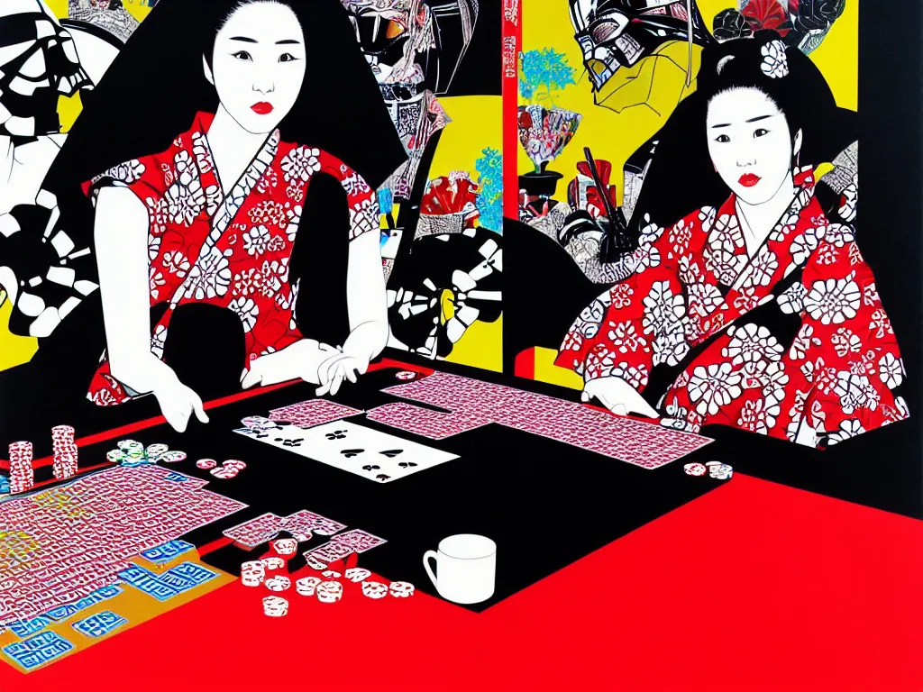 Image similar to hyperrealism composition of the detailed woman in a japanese kimono sitting at an extremely detailed poker table with darth vader, fireworks and folding screen on the background, pop - art style, jacky tsai style, andy warhol style, acrylic on canvas