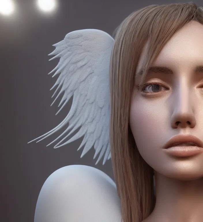 Image similar to centered waist up portrait of an angel, bokeh + DOF + 8k, photorealistic + rendered in vray + ultra realistic + backlit + strong rim light + HDRI, HD, Photoreal , by Andon Hristov, trending on artstation