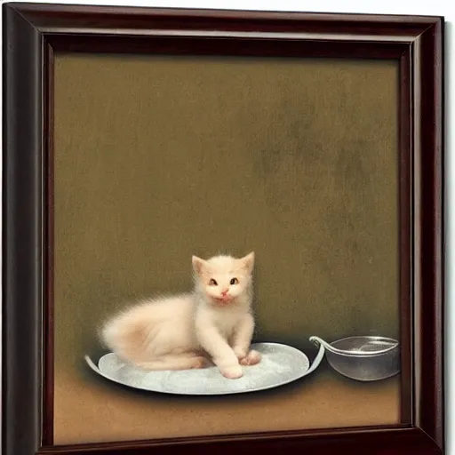 Image similar to baby kitten on a bowl of soup, medieval art