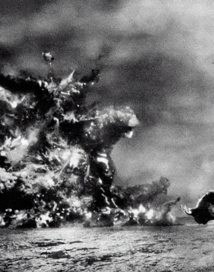 Image similar to a filmstill of a north korean monster movie, kaiju - eiga monster starfish - like trampling a traditional korean palace, foggy, film noir, epic battle, etheral, explosions, thriller, by akira kurosawa and wes anderson video compression