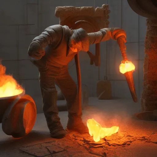 Prompt: Blacksmith creates new element with hammer, arnold render, ultrarealistic, bloom, mythic