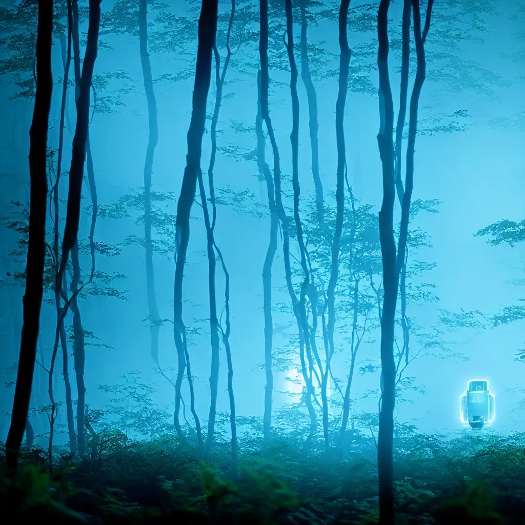 Prompt: picture of a Ion titan moving through the underbrush of a light blue glowing forest