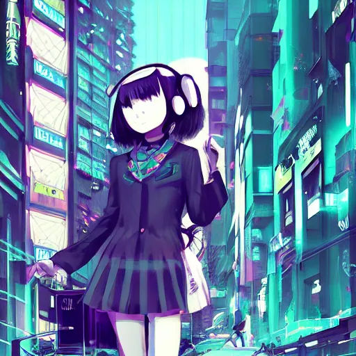 Image similar to Frequency indie album cover, luxury advertisement, green filter, blue and black colors. highly detailed post-cyberpunk sci-fi close-up schoolgirl in asian city in style of cytus and deemo, mysterious vibes, by Ilya Kuvshinov, by Greg Tocchini, nier:automata, set in half-life 2, beautiful with eerie vibes, very inspirational, very stylish, with gradients, surrealistic, dystopia, postapocalyptic vibes, depth of field, mist, rich cinematic atmosphere, perfect digital art, mystical journey in strange world, beautiful dramatic dark moody tones and studio lighting, shadows, bastion game, arthouse