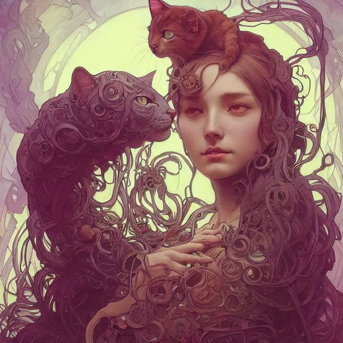 Image similar to A portrait of A cat with many eyes by Ross Tran!!! and alphonse mucha and greg rutkowski! and gustav doré! and Zdzisław Beksiński!,In style of digital art illustration.Symmetry.Highly detailed face.Fantasy,smooth,hyper detailed,sharp focus,Soft light.trending on artstation.4k