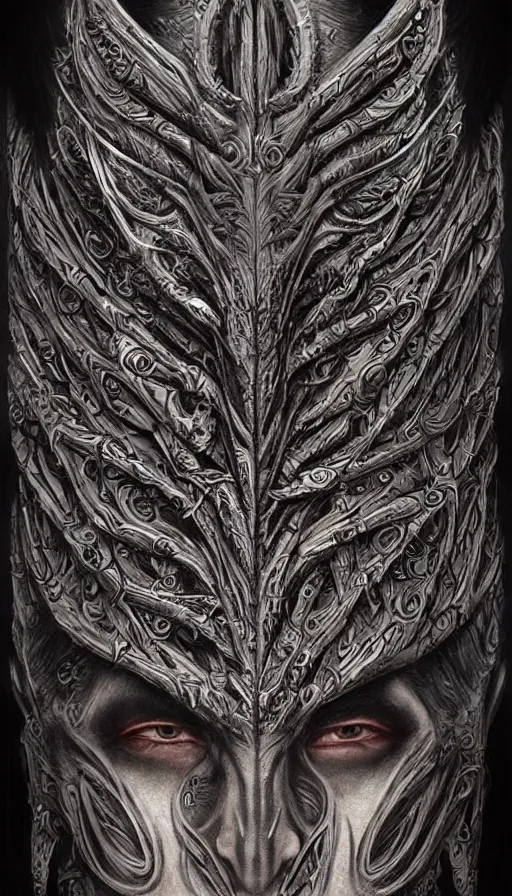 Image similar to immortal alien emperor hybrid aztec fantasy beautiful angellic symmetrical elven face mask tattoo pattern concept, teonanacatl glyph, intricate artwork by, Johnatan Wayshak, Zdizslaw Beksinski, face by Artgerm, H.R. Giger, very coherent artwork, cinematic, hyper realism, high detail, octane render, unreal engine, 8k, High contrast, higly detailed black ink outline, crosshatch sketch gradient