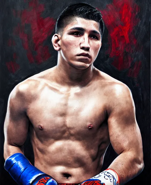 Image similar to heroic portrait of a handsome young mexican mma fighter, art by denys tsiperko and bogdan rezunenko, hyperrealism