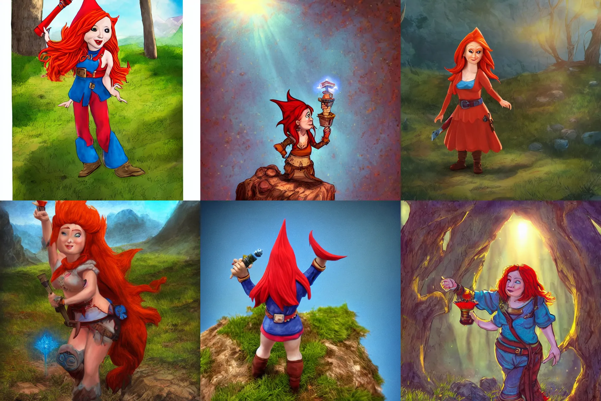 Prompt: comic style female red - headed fantasy gnome waving out in sunlit valley, surrounded by magical energy motes of blue light