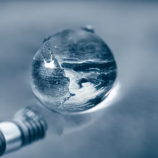 Image similar to a drop of water in the shape of a planet coming out of a water faucet, bokeh photograph