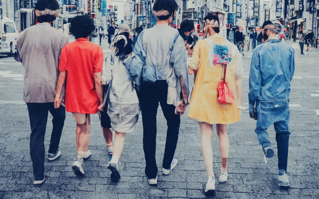 Prompt: 3 humans walking in a city mixed between tokyo and paris, near the see, lofi, dreamy, modofy, very colorful, anime inspiration, ghibli vibe