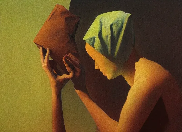 Image similar to woman with a paper bag over the head Edward Hopper and James Gilleard, Zdzislaw Beksinski, highly detailed