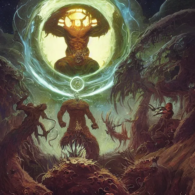 Image similar to a circle of druids conjuring the cosmos into existence by greg rutkowski and frank frazetta and peter mohrbacher and william blake and dan mumford