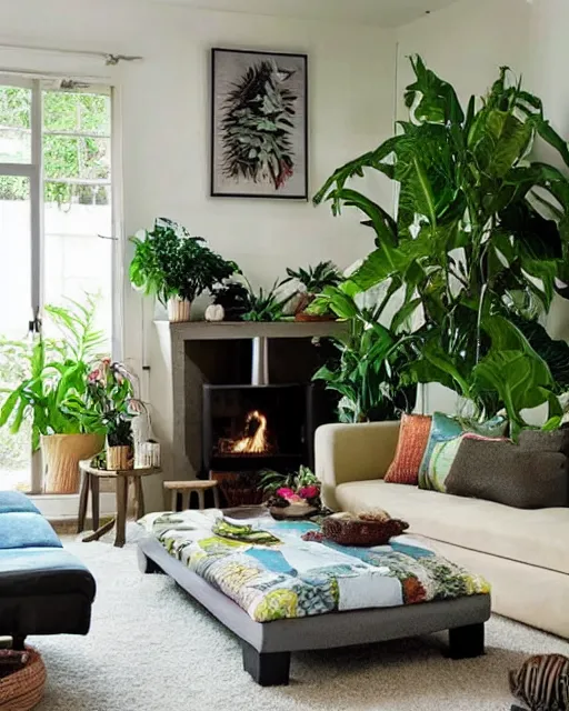 Image similar to cosy living room with fireplace and tropical plants